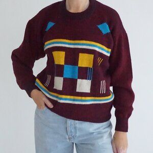 Vintage Swal Burgundy Geometric Colorblock Abstract Knit Graphic Sweater  38